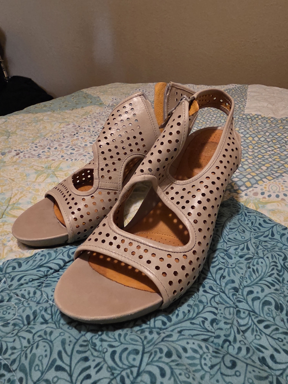 Tsubo Beige Perforated Slingback Wedge Sandals